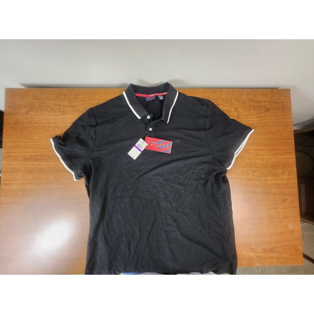 Perry Ellis America Men's Tipped Collar Solid Polo Shirt ~ Black - 2XL ~ NWT